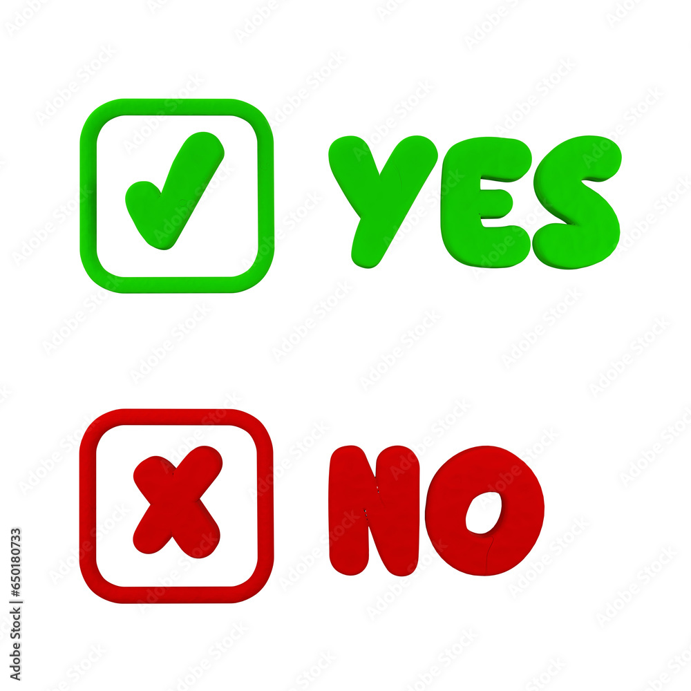 3d illustration. Yes and No check marks icon in plasticine, polymer