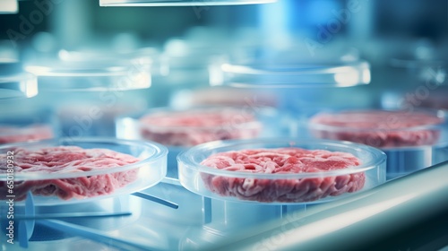 A detailed image of a laboratory setting where cultured meat is being grown in a petri dish. The image showcases the future of food technology, with a focus on sustainable and ethical meat production.