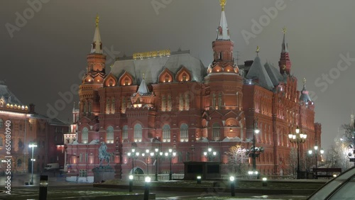 Night Timelapse Hyperlapse of The State Historical Museum of Russia: Moscow's Iconic Landmark. Founded in 1872, located between Red Square and Manege Square. View from Manege Square
