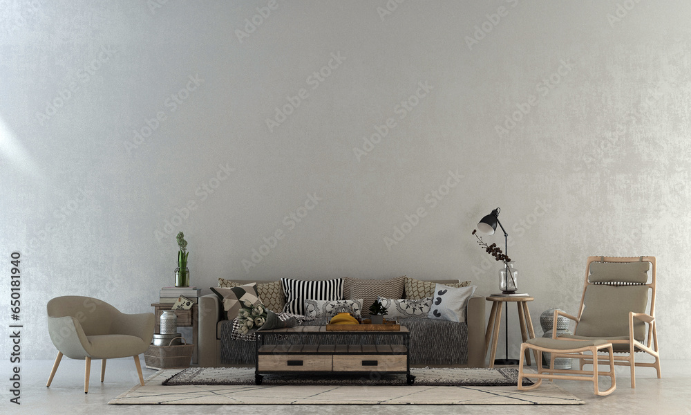 View of loft sofa with terra cotta and grey pillows against empty wall ...