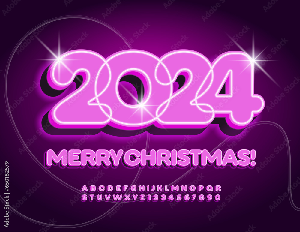 Vector glowing Greeting Card Merry Christmas 2024! Cute Pink Font