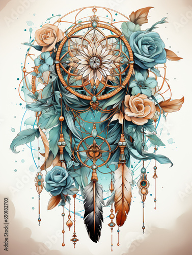 beautiful dreamcatcher and flowers print design
