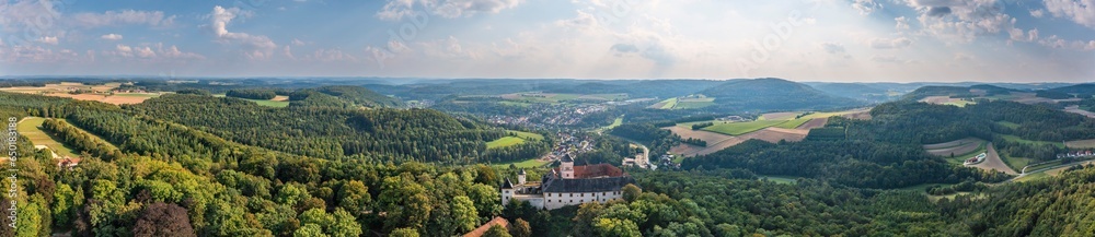 Panorama aerial view of Greifenstein Castle near Heiligenstadt/Germany in the middle of forest in Franconian Switzerland