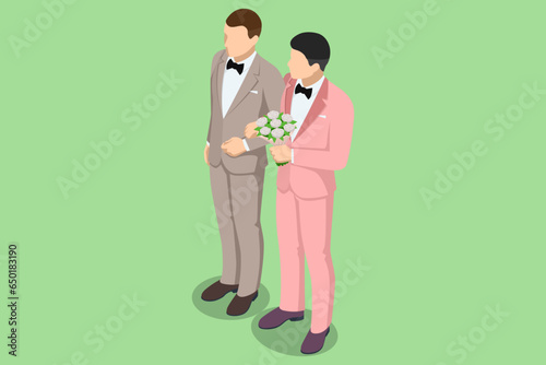 Isometric Gay couple on wedding day, elebration, homosexuality, same-sex marriage and love