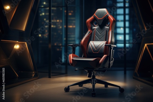 Fotografie A gaming chair is featured in a dimly lit room, creating a cozy and immersive gaming experience