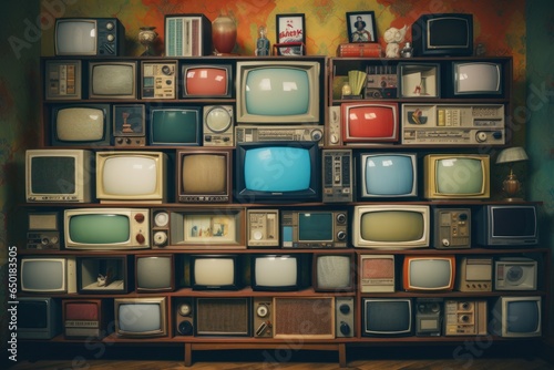 A bunch of old televisions stacked on top of each other. Suitable for illustrating the concept of technology, obsolescence, or vintage electronics.