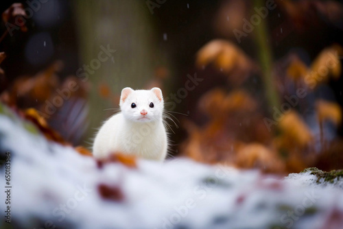 Cute tiny white winter weasel in the snow forest © NuNuHouse