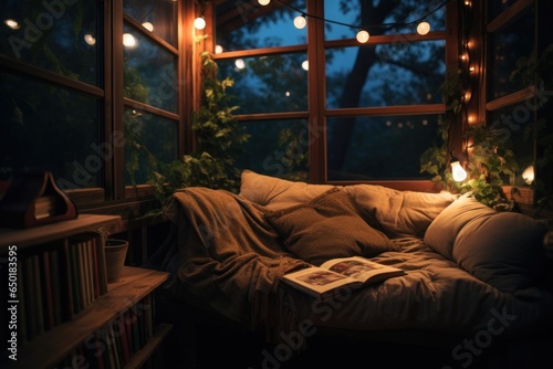 A comfortable couch with colorful pillows and a book resting on it. Perfect for home decor or interior design themes.