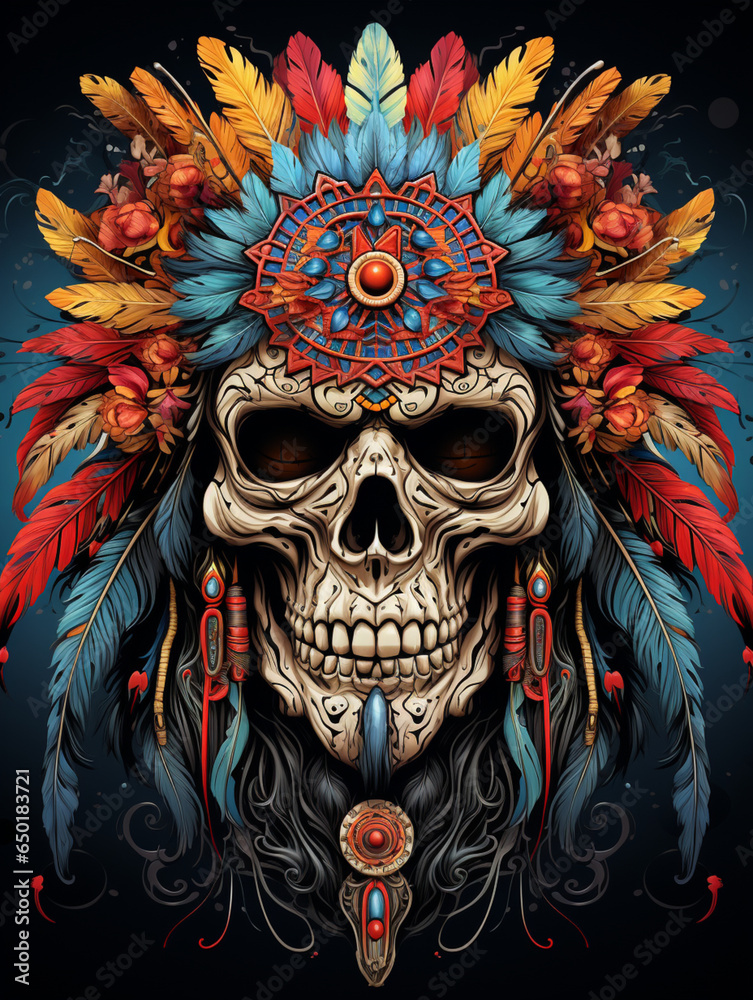 skull with a Headdress totem style print design skull with a Headdress totem style print design