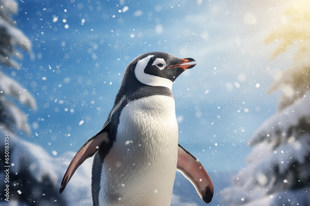 Fototapeta premium A penguin standing in the snow, with its mouth open. Suitable for winter-themed projects and animal-related designs.
