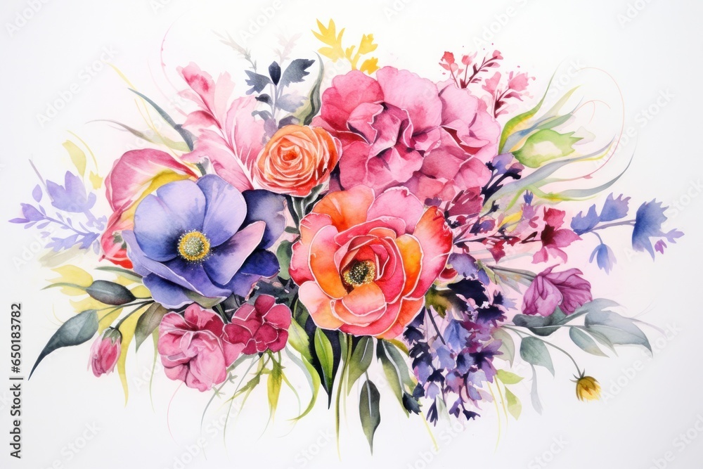 A beautiful watercolor painting of a vibrant bouquet of flowers. Perfect for adding a touch of color and elegance to any space.