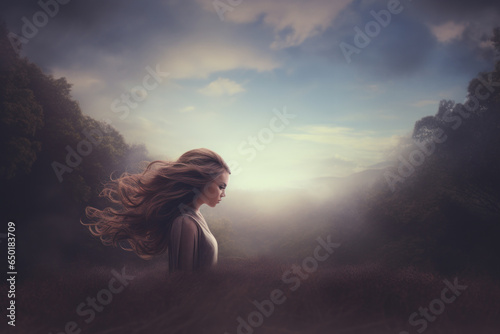 A woman stands in a field with her hair blowing in the wind. This image captures the feeling of freedom and natural beauty. Perfect for advertisements, blog posts, and social media content. © Fotograf