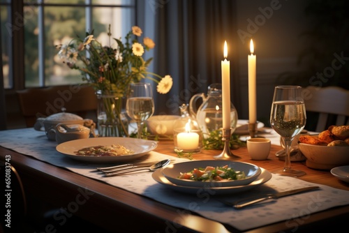 A beautifully set dinner table with lit candles and plates of delicious food. Perfect for showcasing a romantic dinner or a special occasion. Can be used for restaurant promotions  food blogs  or home