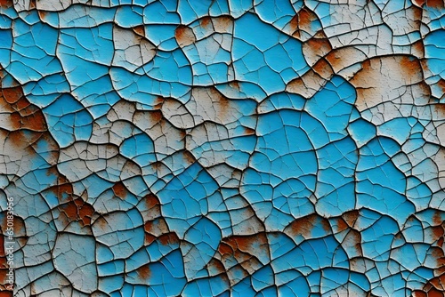 Seamless crackle texture of cracked blue enamel paint on wooden surface. Abstract grunge background. Vintage pattern from cracks, chips, stains for print and design.