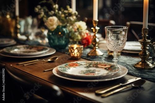 A beautifully arranged table set with plates, silverware, and candles. Perfect for formal dining or special occasions.