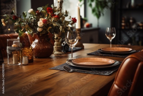 A wooden table adorned with plates and glasses. Perfect for showcasing food and beverages. Ideal for restaurant menus, food blogs, and culinary websites.