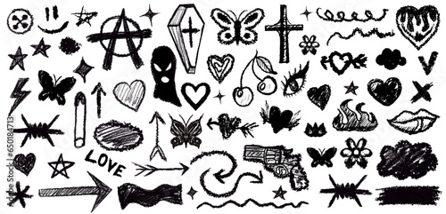 Y2k emo punk grunge set elements. Banners with brush strokes with splashes and drops. Hearts, star, butterflies paint strokes, graffiti splashes, brush, rough strokes, spots. Vector