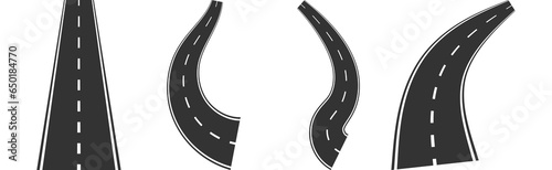 Road, highway, Winding road. Journey traffic curved highway. Road to horizon in perspective. Winding asphalt empty line isolated vector concept.  isolated on a white background. Vector