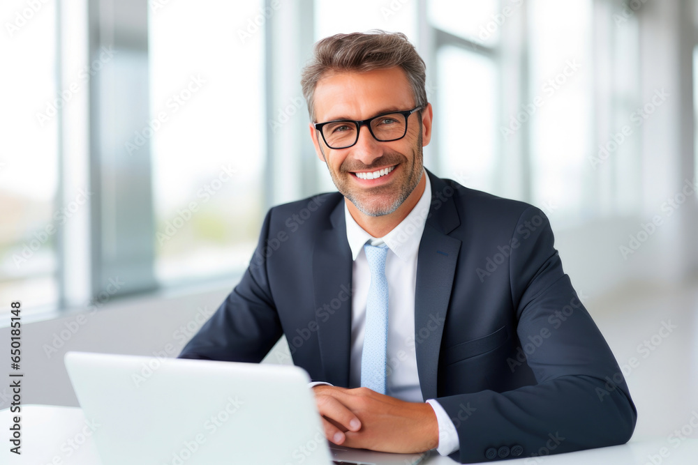 Contented Man Using Laptop in Office Contented Man Using Laptop in Office