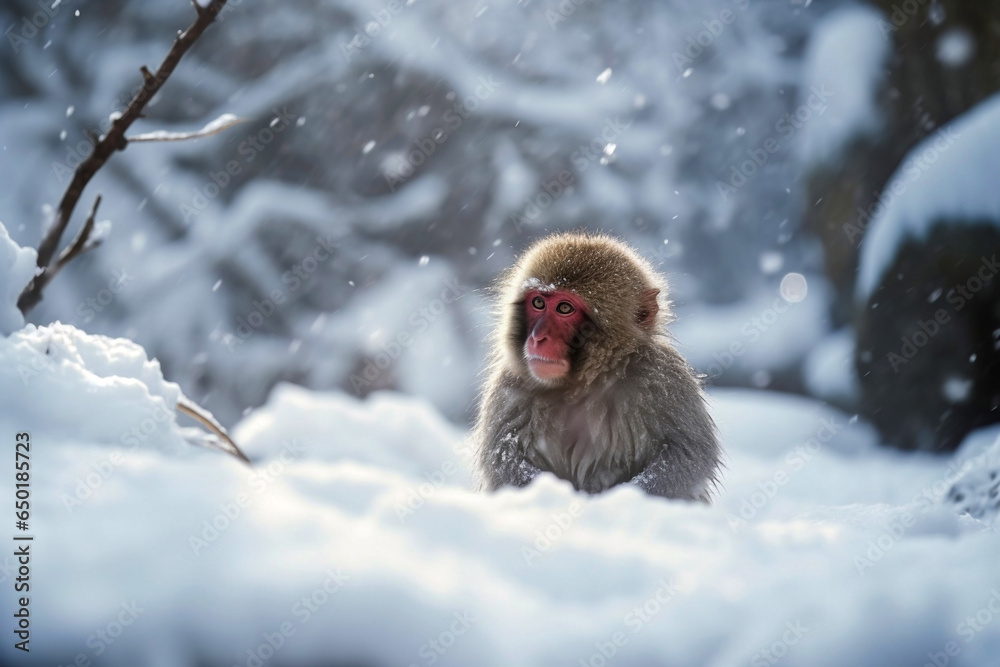 Naklejka premium Snow Monkey in a natural hot spring 