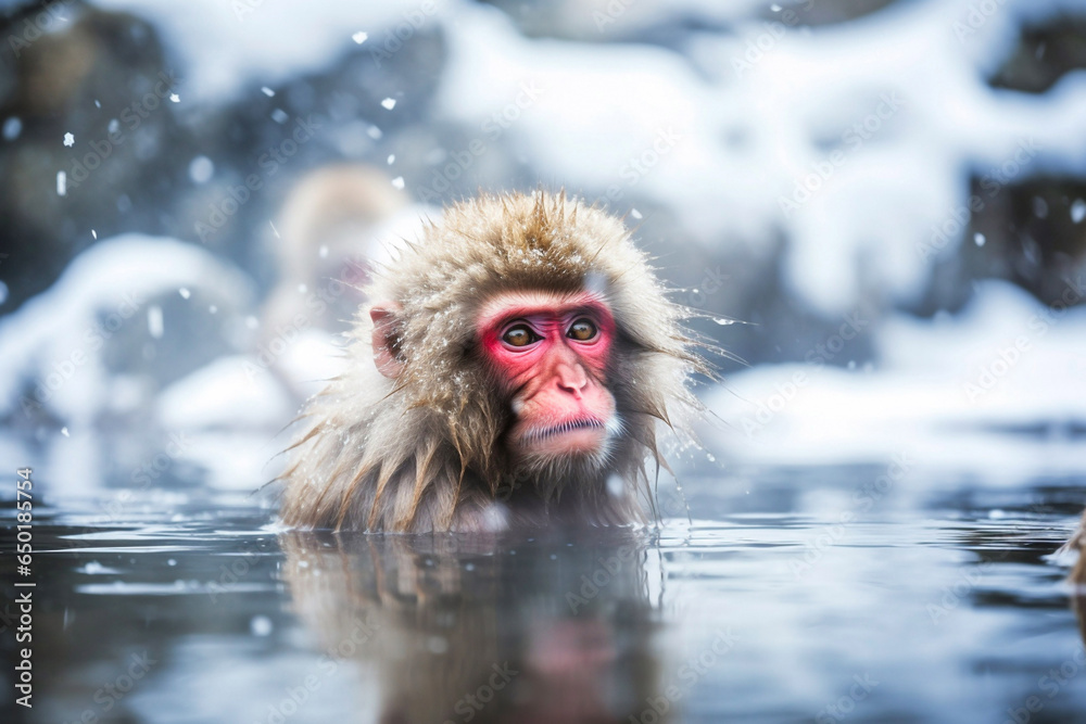 Naklejka premium Snow Monkey in a natural hot spring 