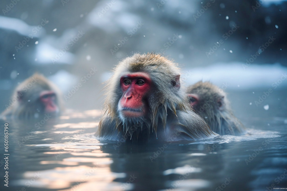 Fototapeta premium Snow Monkey in a natural hot spring 