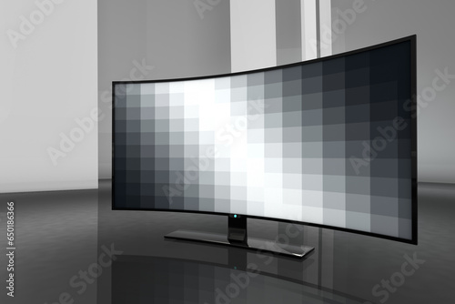 A curved TV stands on the floor in the interior 3D render