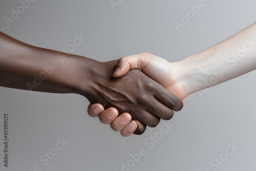 Two men with different skin color shaking hands. Deal