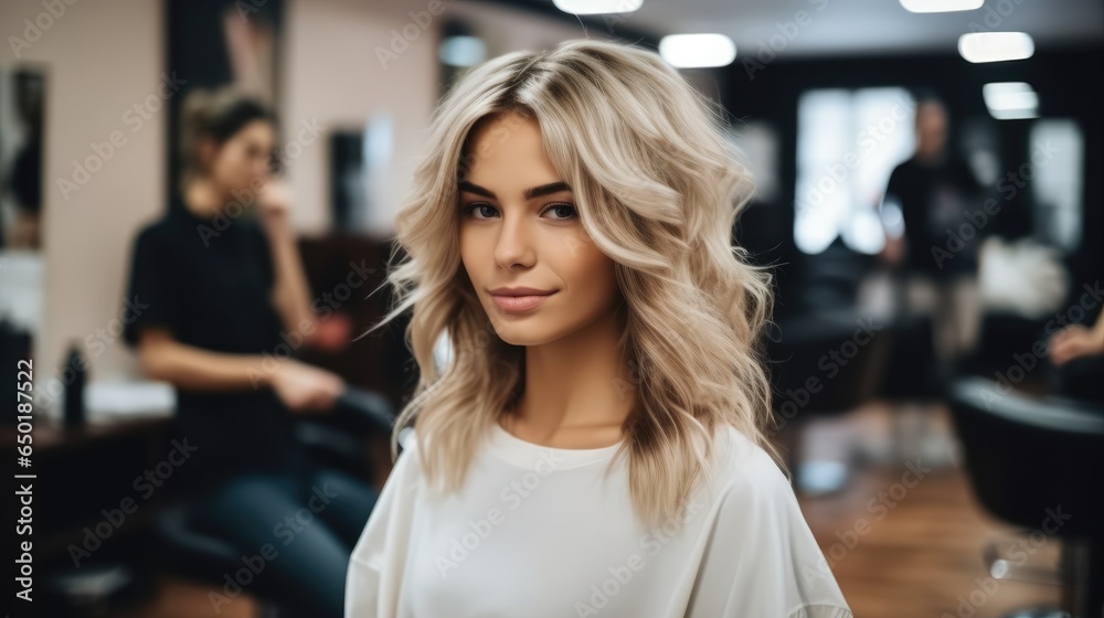 Women's hair salon, Beautiful woman in the hairdresser salon gets a new haircut. Women's hair salon, Beautiful woman in the hairdresser salon gets a new haircut.