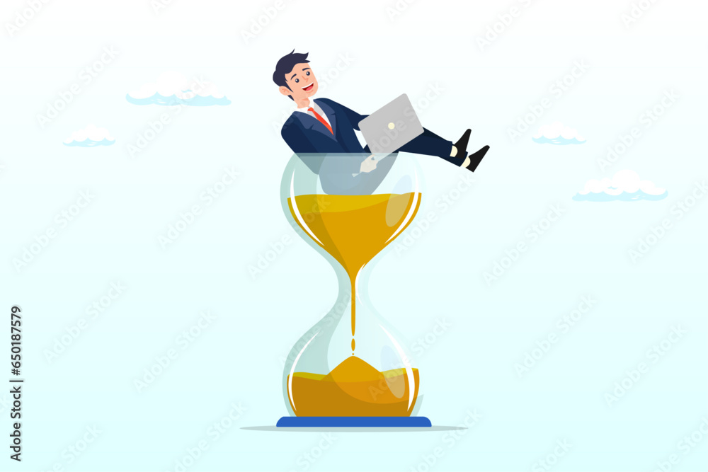Businessman working with laptop inside hourglass count down timer, work against deadline, time counting down to finish project, efficiency to spend time to complete work within timeline (Vector) - obrazy, fototapety, plakaty 