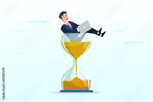 Businessman working with laptop inside hourglass count down timer, work against deadline, time counting down to finish project, efficiency to spend time to complete work within timeline (Vector)