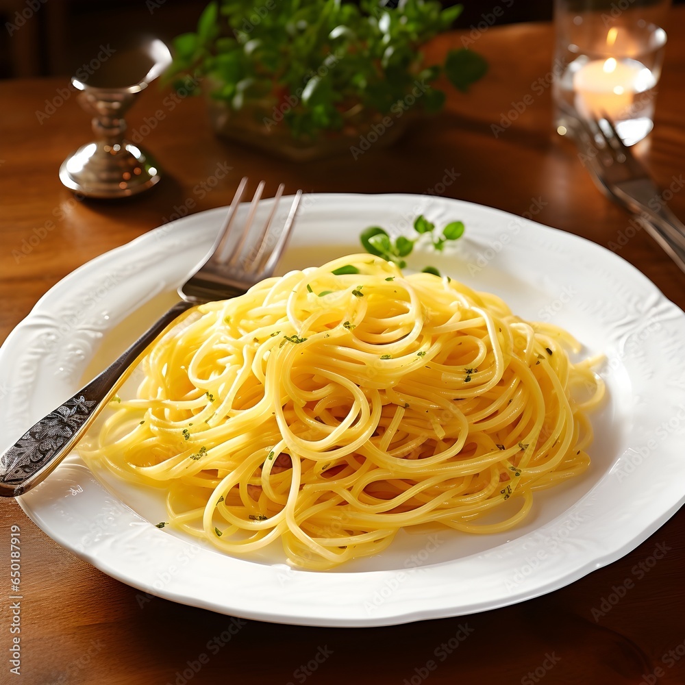 spaghetti with garlic butter on platter