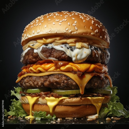 a double cheeseburger with lettuce and cheese photo