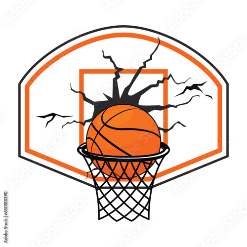 Basketball ring and ball inside. Broken basketball backboard after a successful dunk. Basketball banner, poster template. Vector on transparent background