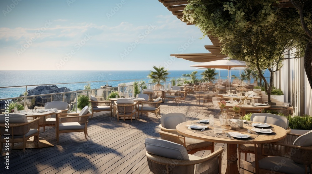 panoramic restaurant terrace ocean view. Outdoor cafe . ai generative