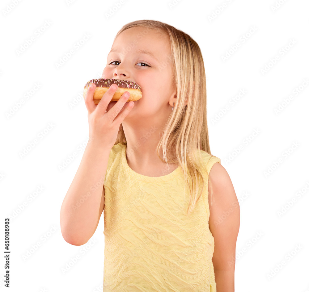 Donut, happy and portrait of girl child eating sweet dessert for treat, snack or craving. Excited, cute and young kid from Australia enjoying cake with candy isolated by transparent png background.