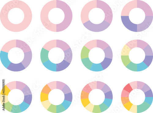 12 Pie chart parts. 1 to 12 sections Percent graph, diagram statistic wheel. Slice vector graphic elements	