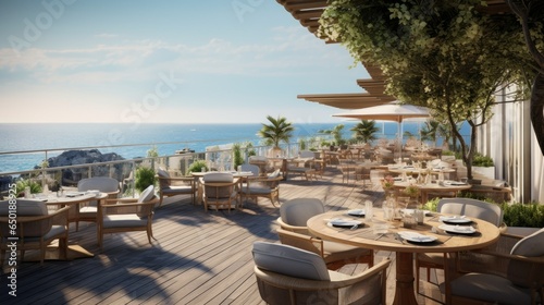 panoramic restaurant terrace ocean view. Outdoor cafe . ai generative © mariof