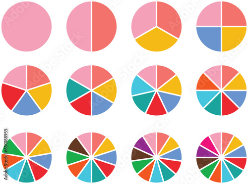 12 Pie chart parts. 1 to 12 sections Percent graph, diagram statistic wheel. Slice vector graphic elements	