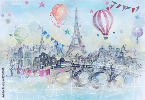 Paris cityscape with balloons in watercolor style