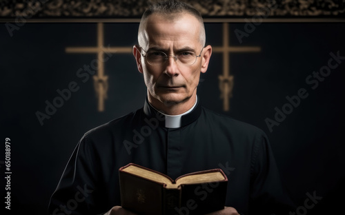 Catholic christian church priest wearing black cassock robe holding the holy bible book in his hands.