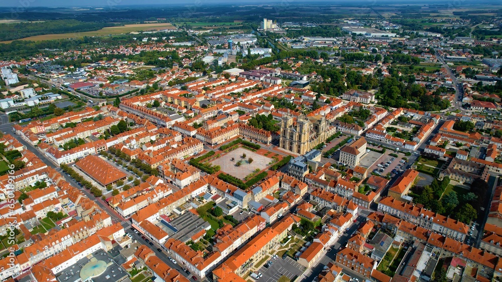Aerial of the old town Vitry-le-Francois on a sunny day in late summer in France 