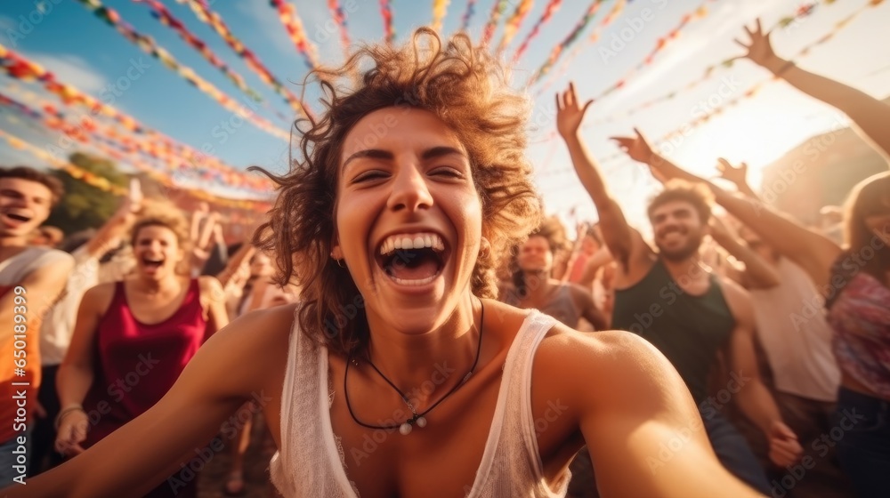 Fototapeta premium Young people laughing screaming and being happy, Having fun and dancing cheering and celebrating on a summer festival, Crowded group.
