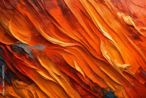 Closeup of abstract rough colorful orange colors art painting texture background wallpaper, with oil or acrylic brushstroke waves, pallet knife paint on canvas