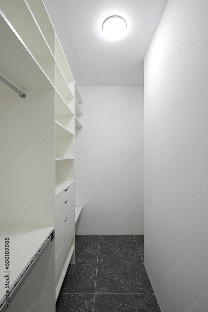 Empty wardrobe with shelves in the dressing room Empty wardrobe with shelves in the dressing room