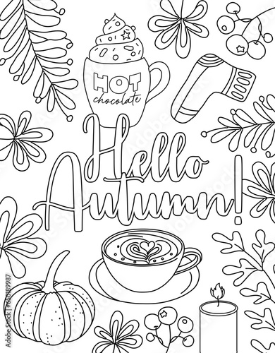 Autumn vibes. Fall season aesthetics. Tea, Pumpkin spice, rainy city. Hand drawing coloring page for kids and adults. Beautiful drawing with patterns and small details. Coloring book pictures. Vector