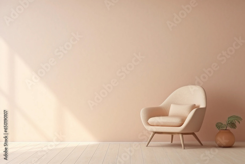 A modern chair next to an empty warm beige wall. Modern minimalistic boho interior. Neutral background for mockups with copyspace.