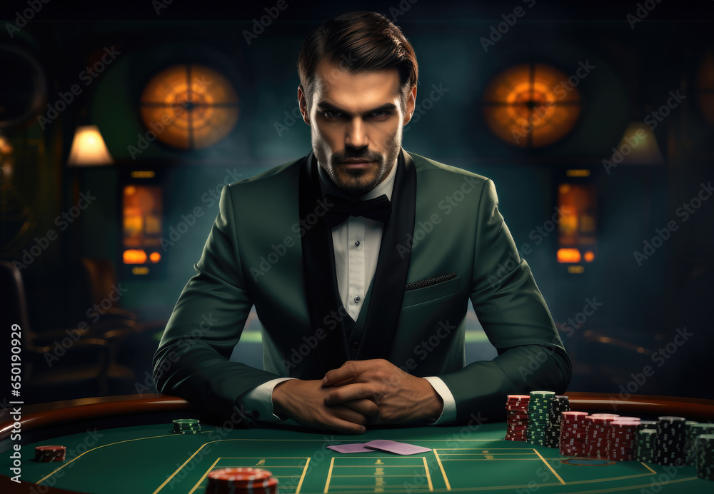 Male croupier at the casino at the table, Casino concept, Gambling, Poker. Male croupier at the casino at the table, Casino concept, Gambling, Poker.