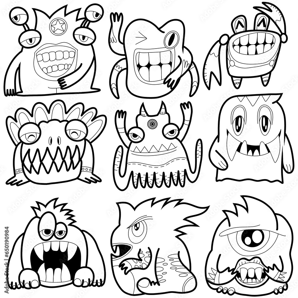 Set of funny cute monsters, aliens or winged fantasy animals for children coloring books or fashion. Hand drawn. line art cartoon vector illustration. Set of funny cute monsters, aliens or winged fantasy animals for children coloring books or fashion. Hand drawn. line art cartoon vector illustration.