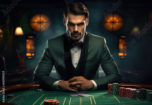 Male croupier at the casino at the table, Casino concept, Gambling, Poker.
